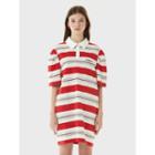 Puff-sleeve Stripe Polo Shirtdress Red - One Size