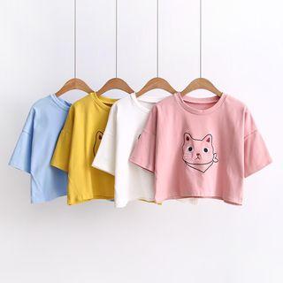 Short-sleeve Cat Embroidery Cropped T-shirt
