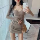 Long-sleeve Ruched Knit Mini Bodycon Dress
