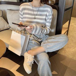 Round-neck Striped Knit Top + Plain Sports Pants