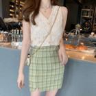 Sleeveless Lace Top / Short-sleeve Top / Plaid Pencil Skirt