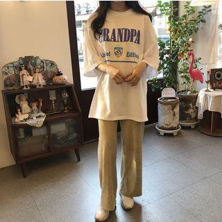 Lettering Elbow-sleeve T-shirt / Corduroy Wide-leg Pants