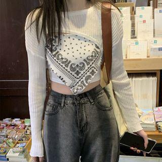 Spaghetti-strap Triangle Asymmetrical Top/ Long-sleeve Top