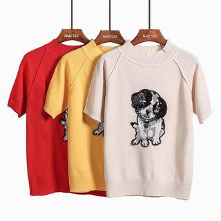 Dog-sequined Short-sleeved Knit Top