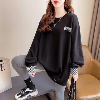 Long-sleeve Checkerboard Panel Distressed T-shirt