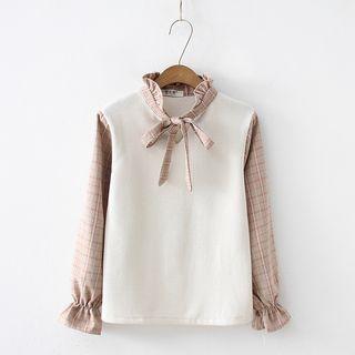 Mock Two-piece Plaid Pullover Khaki - One Size