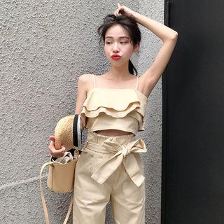 Set: Ruffled Camisole Top + Straight-cut Pants