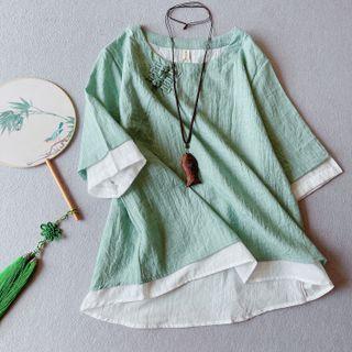 Mock Two-piece Elbow-sleeve Frog Buttoned Top