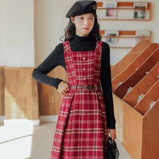 Set: Plaid Midi A-line Overall Dress + Mock-neck Knit Top