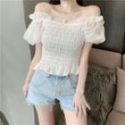 Off-shoulder Puff-sleeve Smocked Cropped Blouse