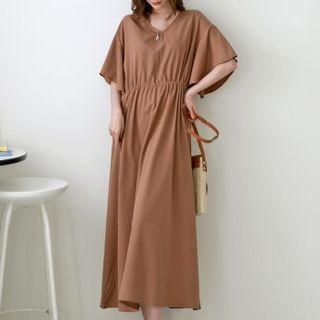 Flutter-sleeve Shirred Maxi Dress