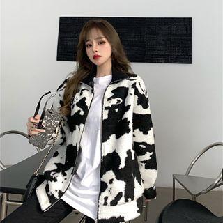 Cow Print Zipped Jacket White - One Size