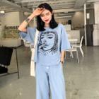 Set: Printed Elbow-sleeve T-shirt + Wide Leg Pants