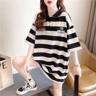 Elbow-sleeve Collar Striped Tiger Embroidered T-shirt