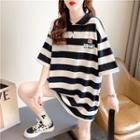 Elbow-sleeve Collar Striped Tiger Embroidered T-shirt