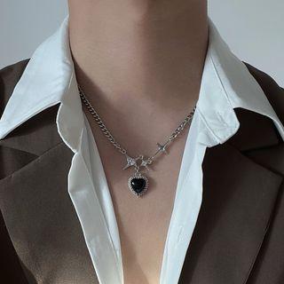 Heart Faux Gemstone Pendant Stainless Steel Necklace