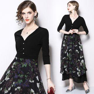 Elbow-sleeve Print Panel A-line Midi Dress