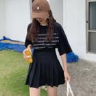 Lettering Elbow-sleeve T-shirt / Pleated Mini A-line Skirt