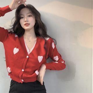 Mock Two-piece Heart Print Cardigan Heart Print - Red & Pink - One Size