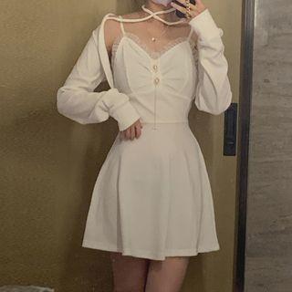 Spaghetti Strap Mesh Ruffle Dress / Puff-sleeve Crop Jacket