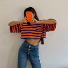 Mock-neck Striped Cropped T-shirt