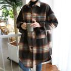 Round-hem Wool Blend Plaid Shirt Brown - One Size