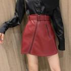 Faux Leather Irregular Zip A-line Mini Skirt