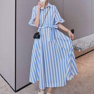 Short Sleeve Striped Midi A-line Shirtdress