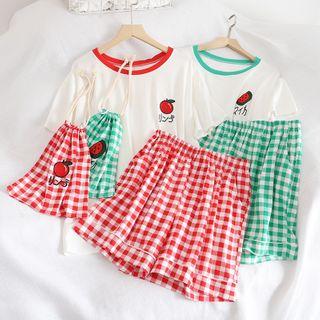 Set: Short-sleeve Embroidered T-shirt + Plaid Shorts + Drawstring Poach