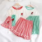 Set: Short-sleeve Embroidered T-shirt + Plaid Shorts + Drawstring Poach