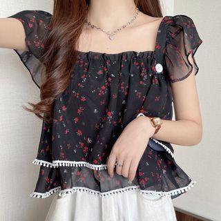 Cap-sleeve Floral Flowy Cropped Blouse