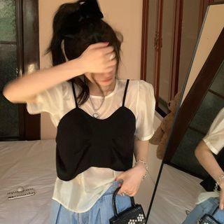Set: Short-sleeve Blouse + Camisole Top Set Of 2 - Blouse & Camisole Top - White & Black - One Size