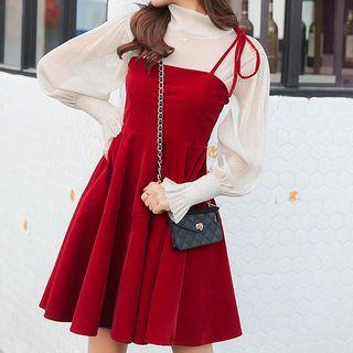 Set: Balloon-sleeve Top + Shoulder-tie A-line Dress