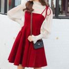 Set: Balloon-sleeve Top + Shoulder-tie A-line Dress