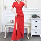 Plain Short-sleeve Slit Maxi Dress