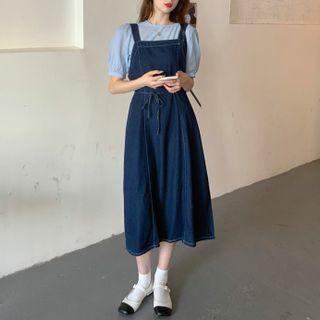 Puff-sleeve Blouse / Denim Midi A-line Overall Dress