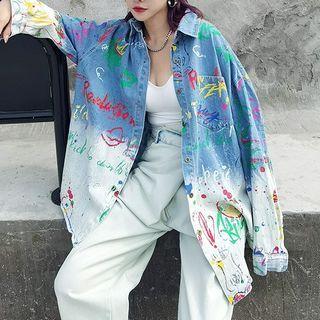 Doodle Print Denim Shirt Blue & White - One Size