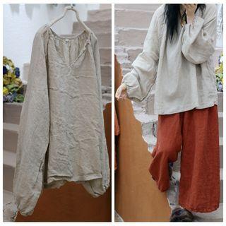 Long-sleeve Linen Top Beige - One Size