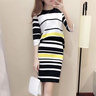 Set: Striped 3/4-sleeve Sweater + Knit Skirt