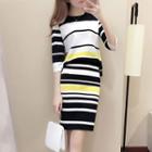 Set: Striped 3/4-sleeve Sweater + Knit Skirt
