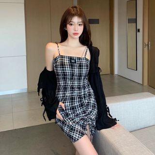 Spaghetti-strap Plaid Mini A-line Dress / Shirt