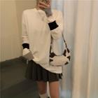 Round-neck Color-block Panel Knit Top White - One Size