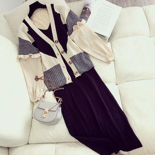 Set: Color Block Cardigan + V-neck Sleeveless Knitted Dress