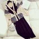 Set: Color Block Cardigan + V-neck Sleeveless Knitted Dress