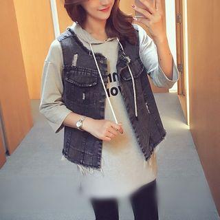 Set: Lettering Long Hoodie + Denim Vest