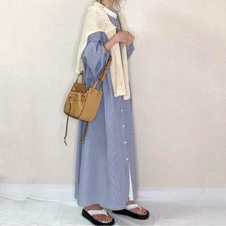 Striped Maxi Shirt Dress Stripes - Blue & White - One Size