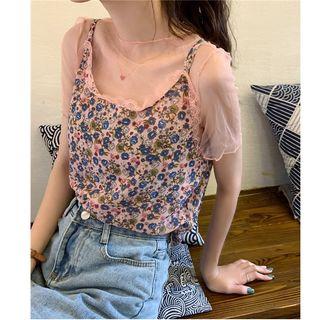 Set: Short-sleeve Sheer Top + Floral Camisole Top