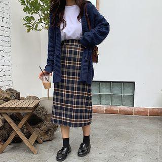 Plaid Skirt / Toggle Cardigan / Set