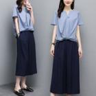 Set: Short-sleeve Front Knotted Blouse + Wide-leg Cropped Pants