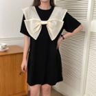 Elbow-sleeve Bow Accent Mini Shift Dress